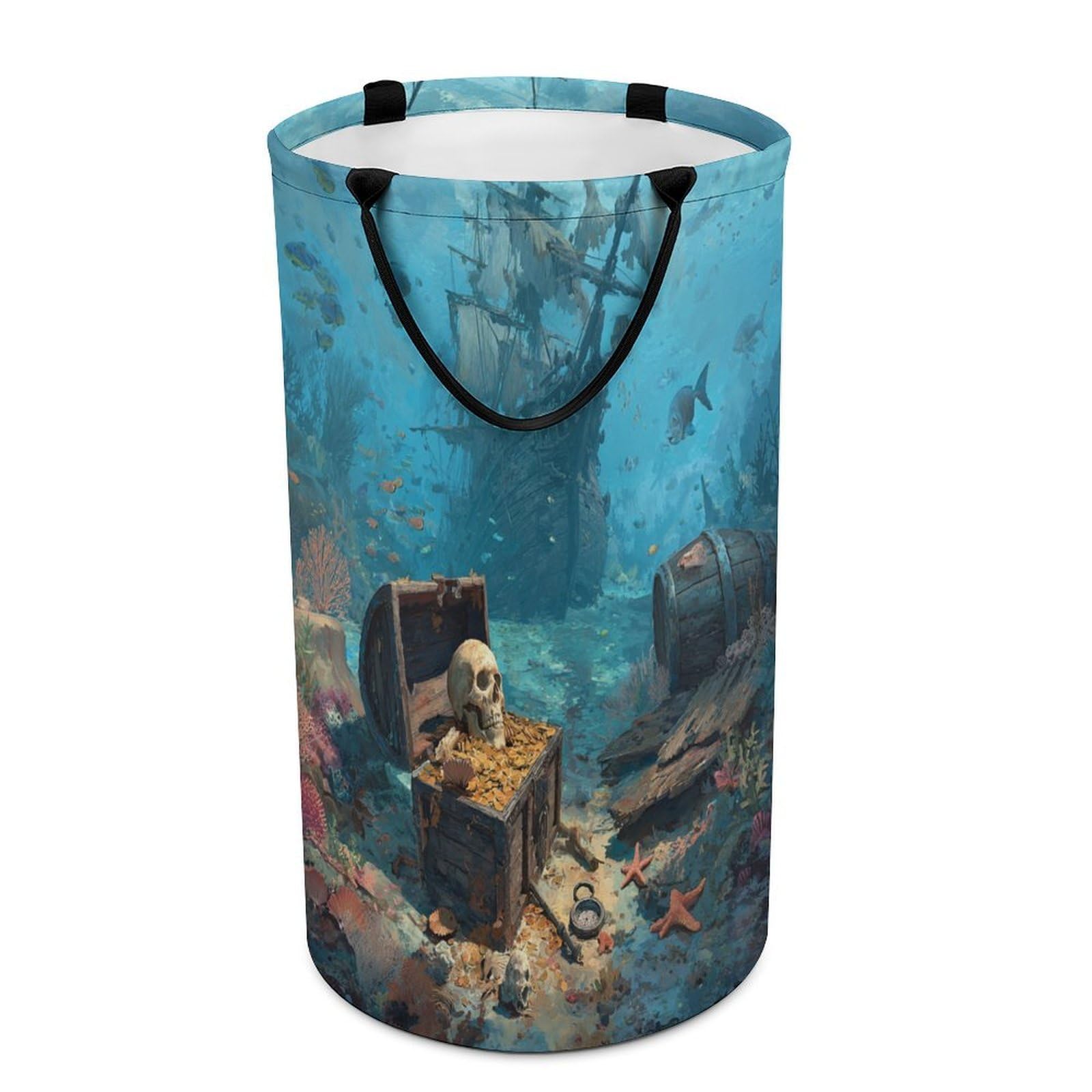 LUYYSKY Beautiful Funny Pirate Ship Collapsible Dirty Clothes Basket, Classic Realistic Nautical Underwater Treasure Ocean Shipwreck Skull Portable Clothes Storage Laundry Basket-40 CM Dia, 69 CM High