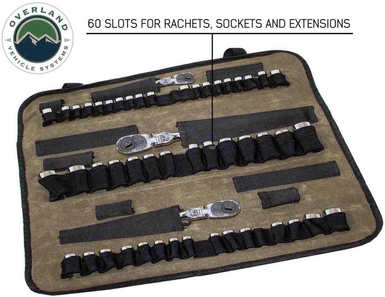 Overland Vehicle Systems Rolled Socket Organizer Storage Bag - #16 Premium Waxed Canvas - Storage for 50 sockets and 10 extra storage pockets for Ratchets