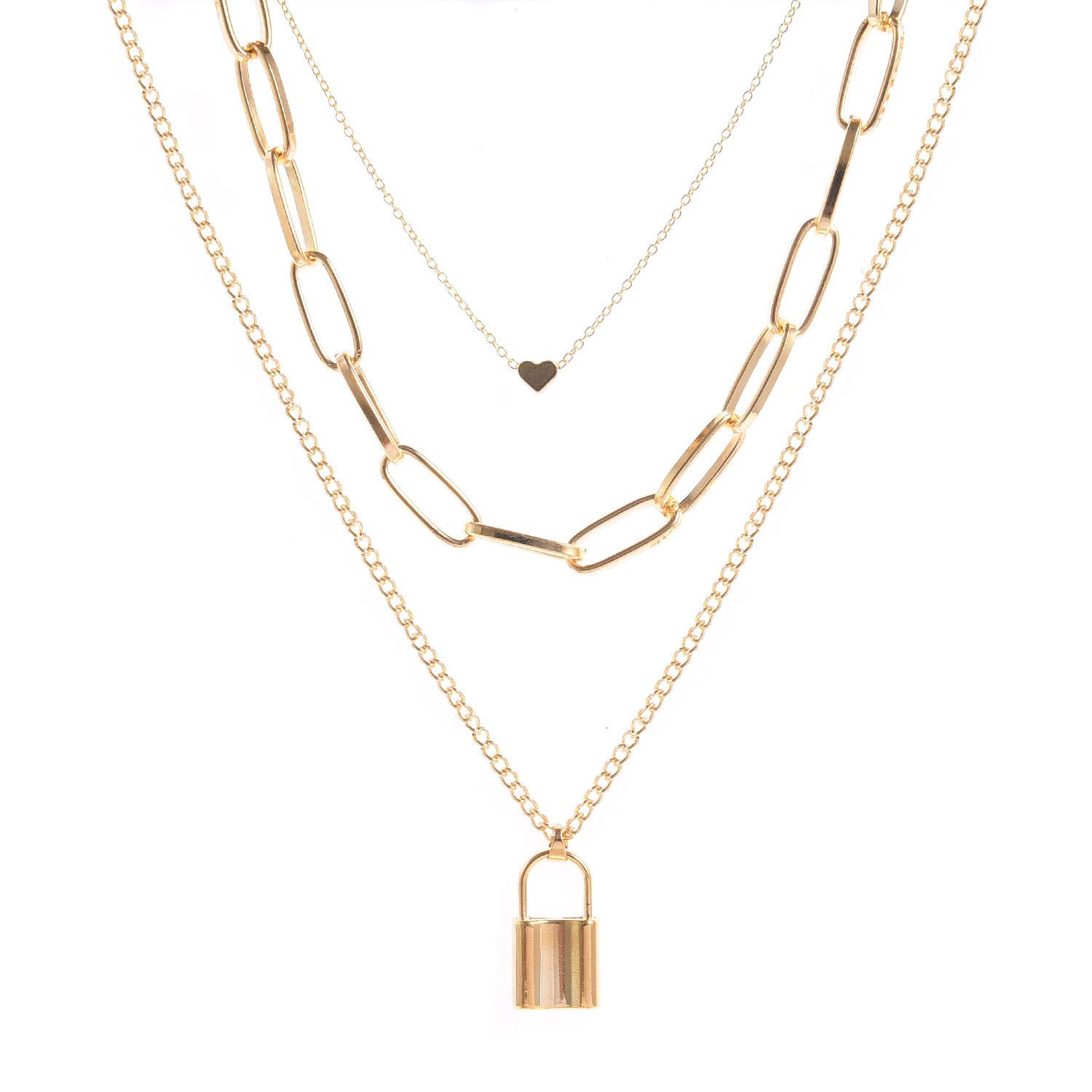 Bigwheels Stylewell Golden Stainless Steel Trending Valentines Day Special Heart And Lock Inspired 3 Layered Pendant Locket Necklace Imitation Jewellery Gift Set For Girl's