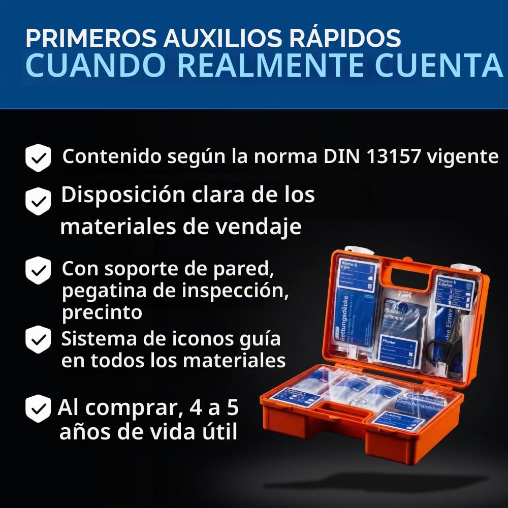 Maletín de primeros auxilios para operaciones con contenido según DIN 13157 en naranja, botiquín relleno y con soporte de pared