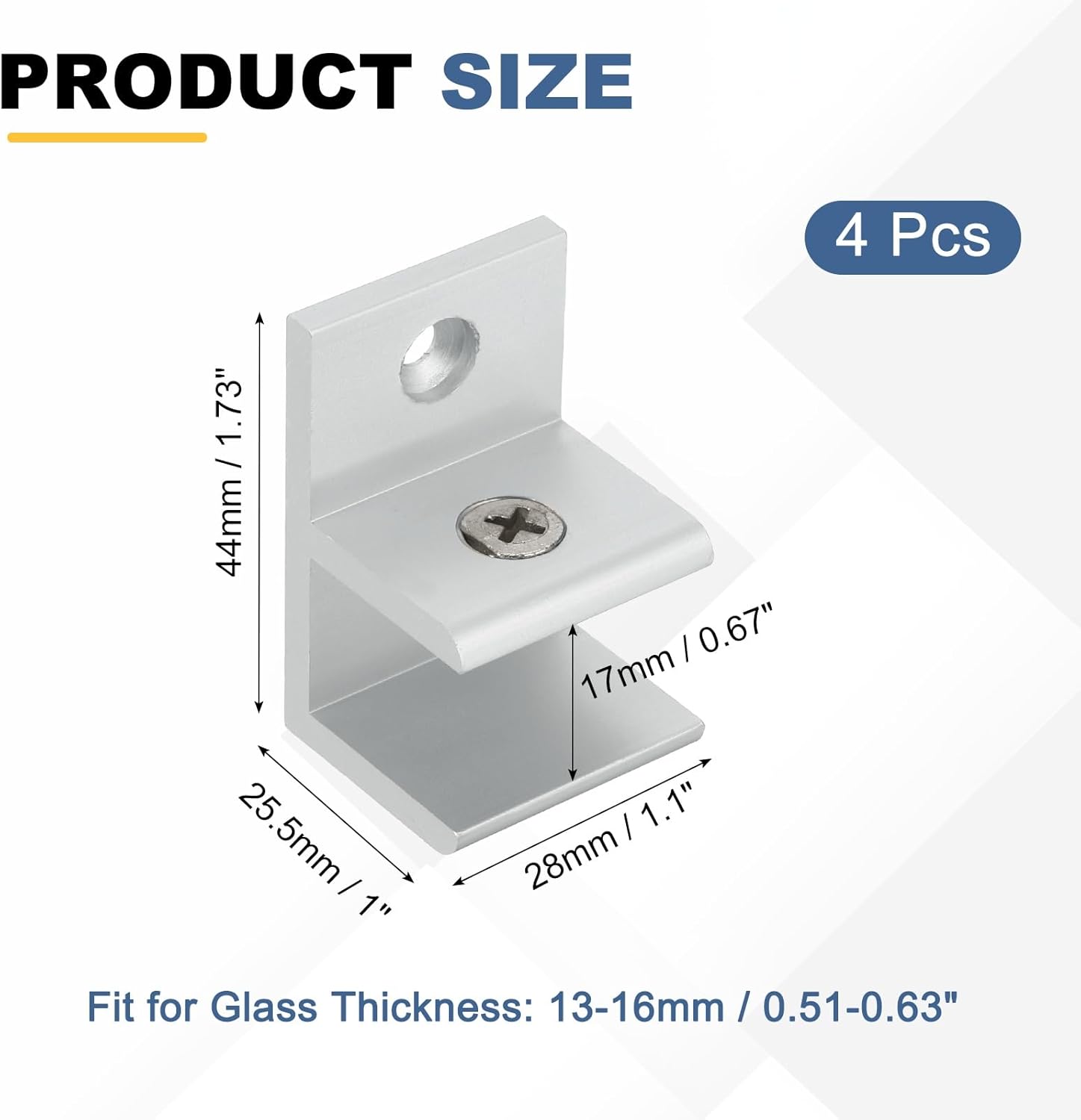 uxcell 4Pcs F Shape 28mm Glass Clamp, Aluminum Alloy Adjustable Glass Clip Clamp for 13-16mm Thickness Wall Mounting Support Bracket for Shelf Mirror Shower Doors, Silver