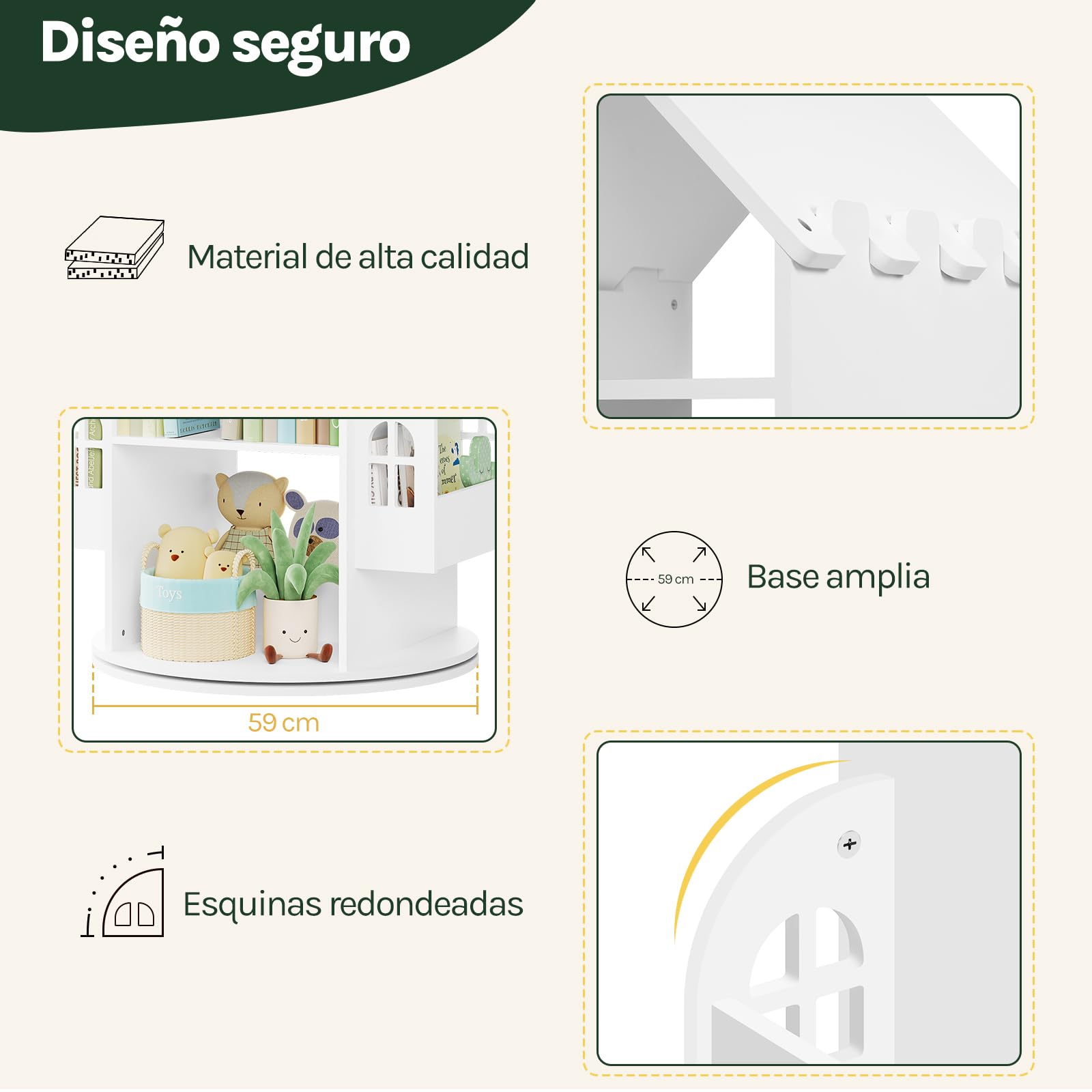 WOLTU Libreria Infantil Giratoria de 4 Niveles, Estanteria Infantil para Libros y Juguetes, Estantería Giratoria en Forma de Casita, 63x59x125 cm, Blanco