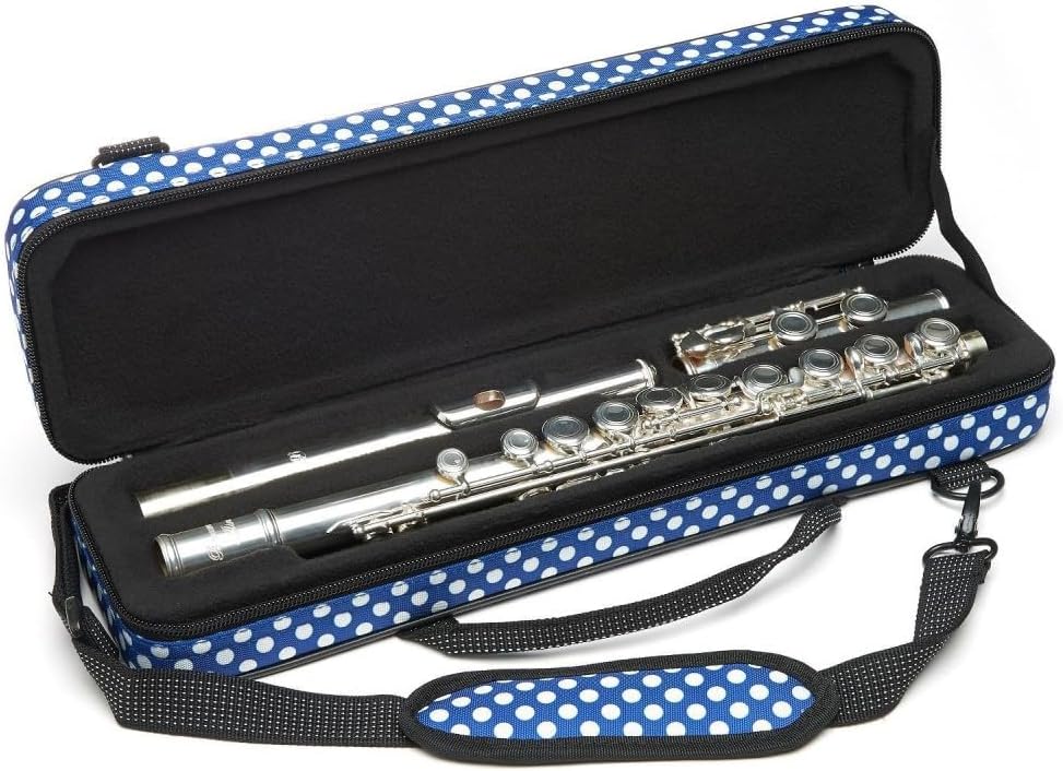 Beaumont Blue Polka Dot Flute Case - Lightweight Canvas C Case With Shoulder Strap for Yamaha, Jupiter, Trevor James Flute