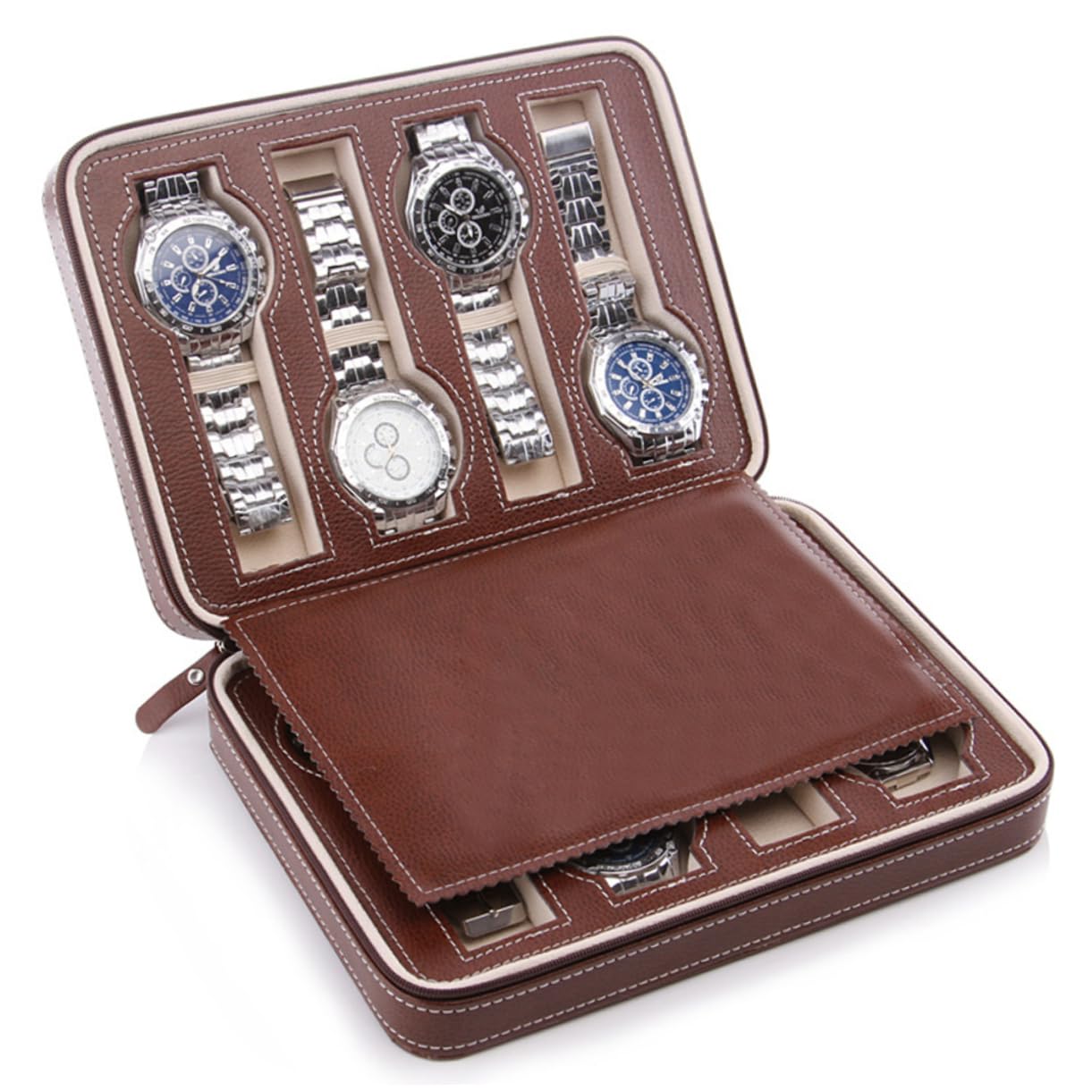 Custodia Orologi da Viaggio in Pu Marrone 8 Scomparti