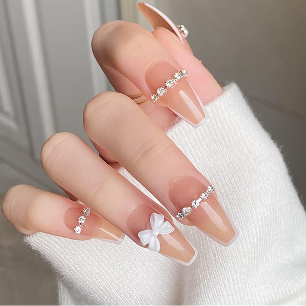 Kriga 24 Reusable Artificial Fake Nail Set| Peach 3D Decorative White Bow With Rhinestone Ballerina Shape Glossy Nails| Lightweight & Long Lasting| Quick Fix For Festivals & Special Occasions-image-5