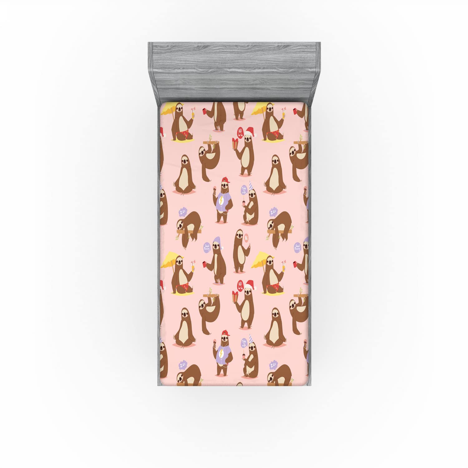 Lunarable Sloth 2 Pack Fitted Sheet, Cartoon Style Lazy Animals, Bed Cover All-Round Elastic Deep Pockets 2 Pieces, Package Contains 2 Twin Size Fitted Sheets, Multicolor