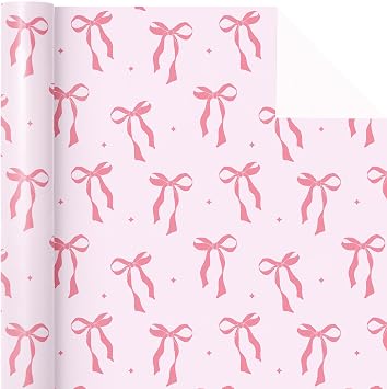 WRAPAHOLIC Pink Bow Wrapping Paper Roll - Mini Roll - 17 Inch x 16.5 Feet - Pink Ribbon Bow Design Perfect for Valentine's Day, Girls Birthday, Bachelorette Party, Baby Shower