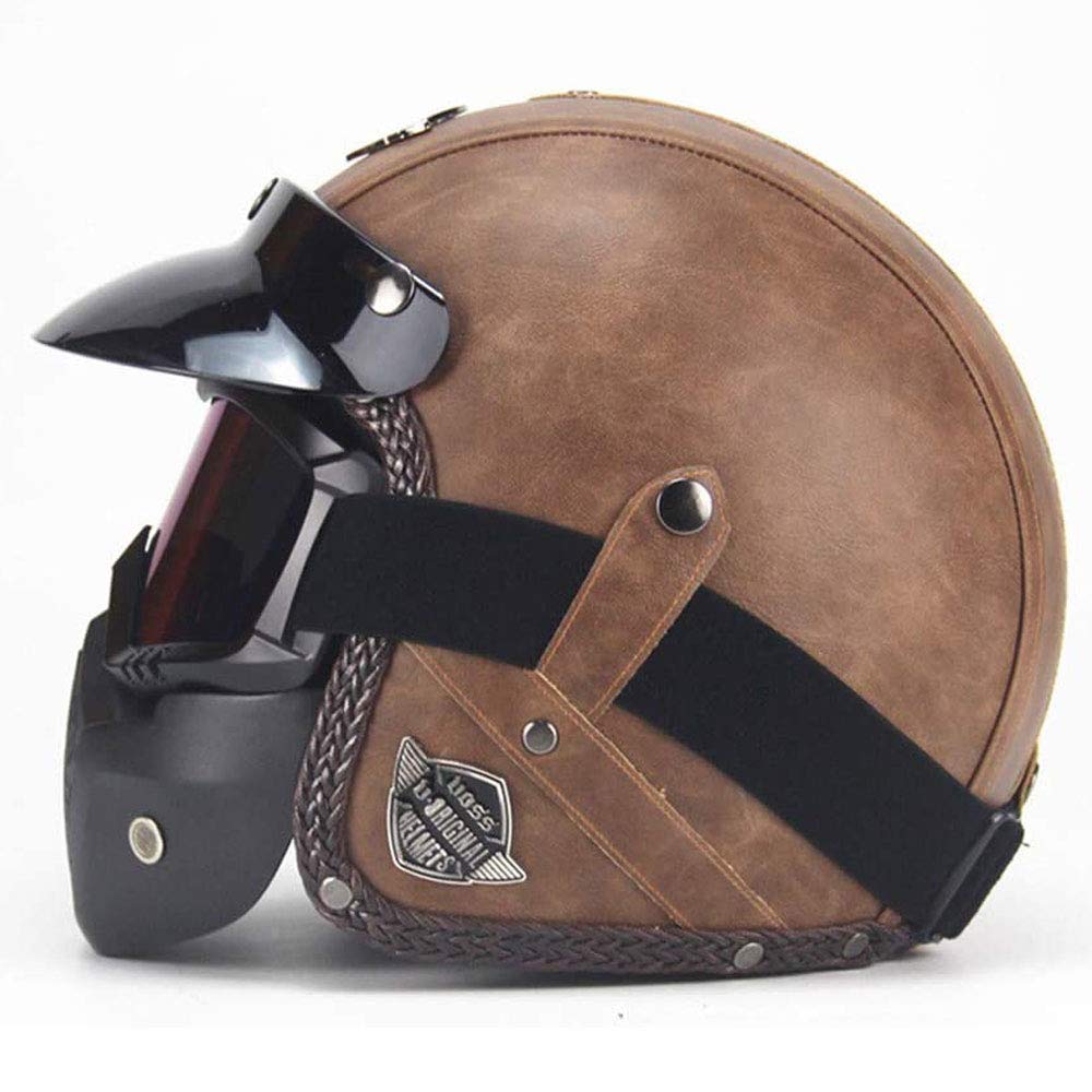 Jwkj Men's Brown Black+ Leather Half Helmet, Adult Retro 3/4 Open Face Motorcycle Helmets For And Wo Cruiser Scooter Half Helmet Dot+Ece Certification With Goggles Sun Visor