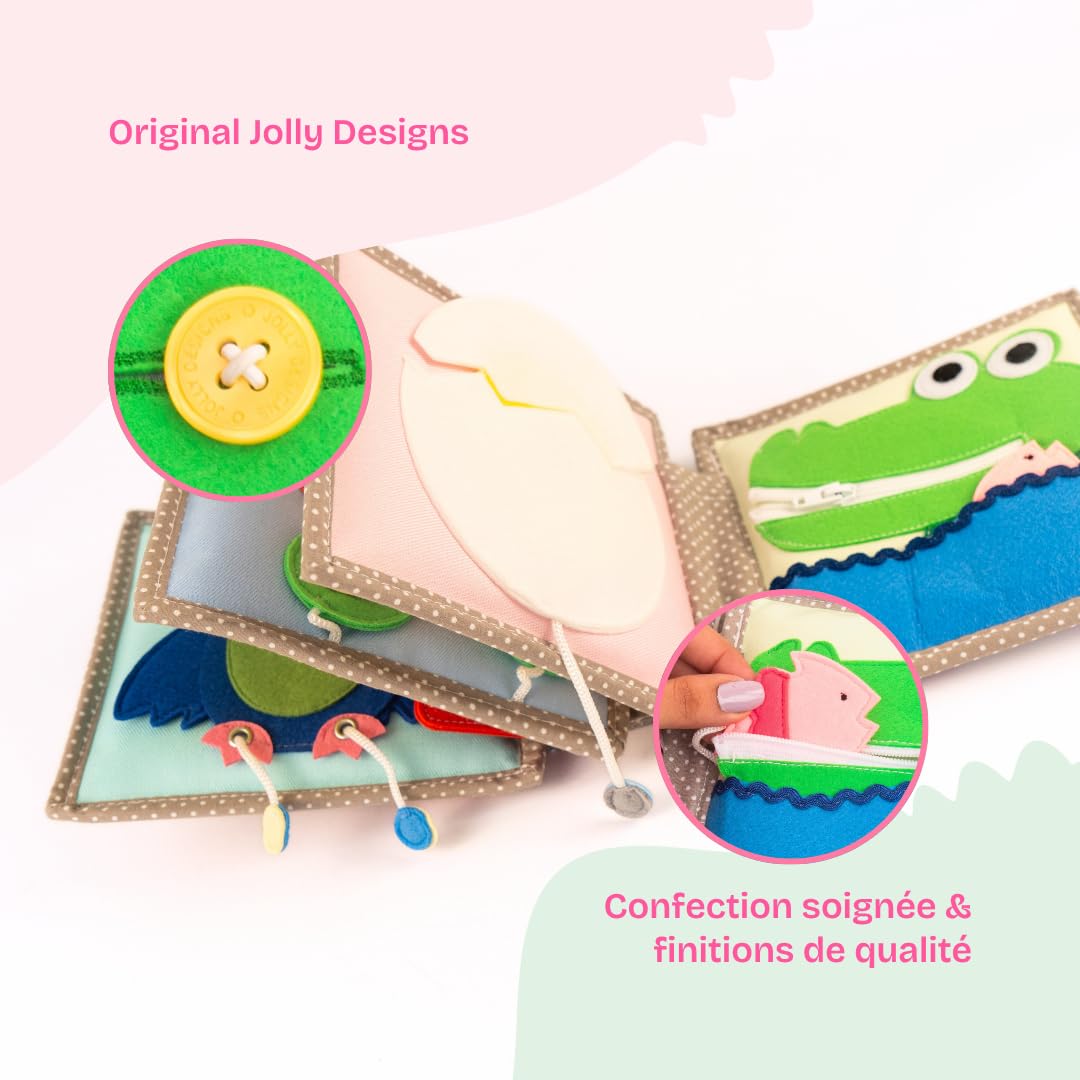 Jolly Designs Mini Quiet Book Peek-a-Boo - Jouet Montessori à partir de 6 mois - Favorise la motricité et la perception sensorielle - Livre en tissu pour bébé - Livre de feutre fait à la main -