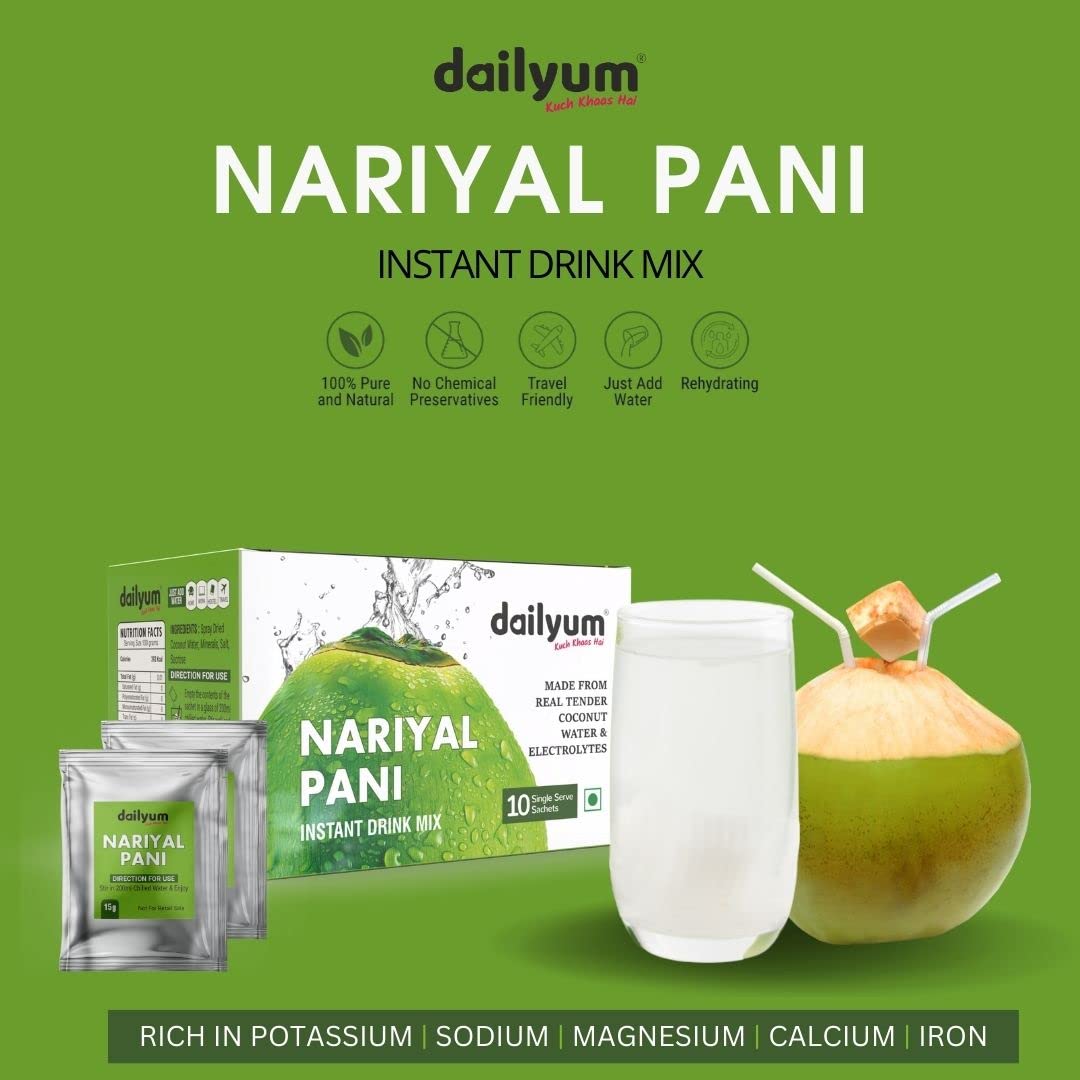 Dailyum Instant Refreshing Nariyal Pani Drink Mix Box|10 Single Serve Sachets |Tender Coconut Water Premix With Electrolytes| Summer Drink For Instant Energy| 150gm 4