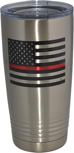Rogue River Tactical Taza de viaje con diseño de bandera de línea roja fina, de 20 onzas, con tapa aislada al vacío, para bomberos, departamento de