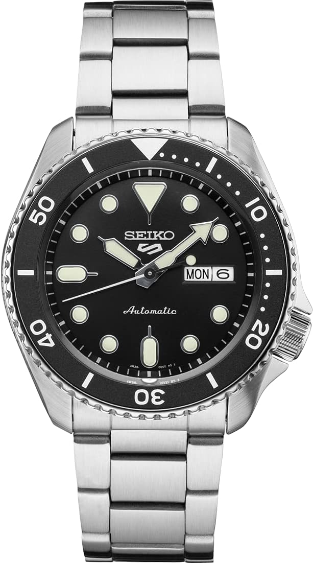 Seiko Automatic Watch for Men - 5 Sports - Day/Date Calendar, LumiBrite Hands and Markers, Rotating Bezel, Water Resistant to 100 Meters, Black - SRPD55, Automatic watch