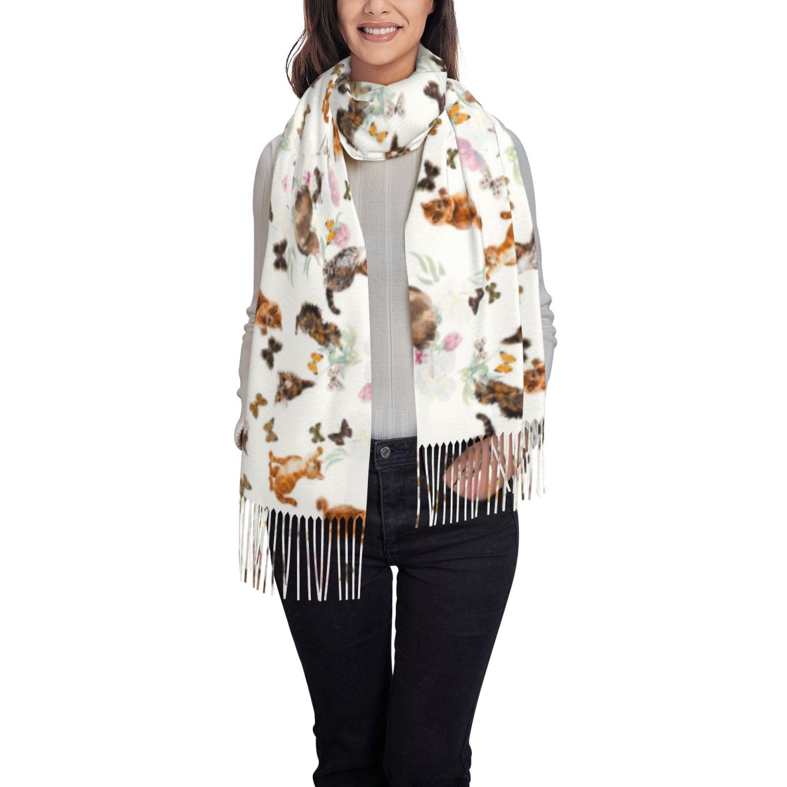 Ouyniei Women's Cat Butterfly Stylish Printed Scarf For - Soft Fringed Shawl Wrap, Winter Fashion Accessory & Gift