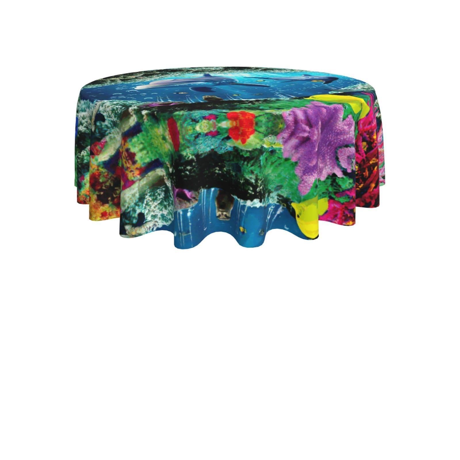 ENGhjes Ocean Underwater Dolphin Fish Print Round Tablecloth 60in Washable Stainproof Polyester Cloth for Kitchen Idea
