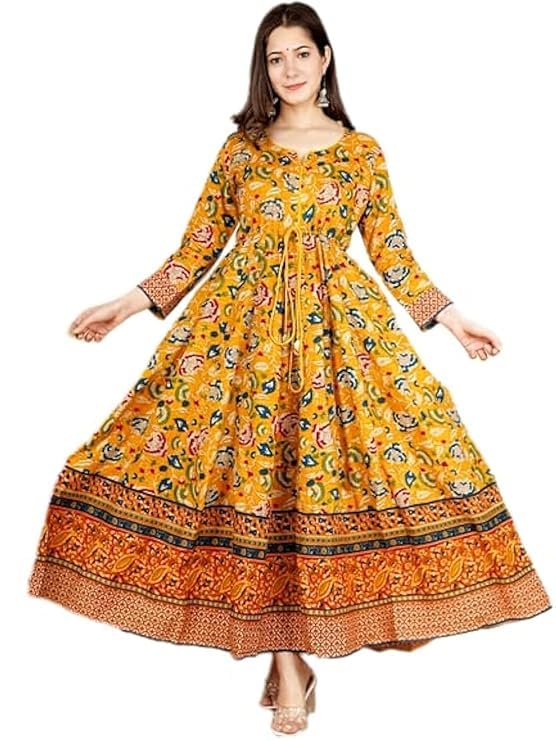 Women's Anarkali Kurta, Rayon Floral Print, Long Sleeve, Flared Maxi Dress Style-image-35