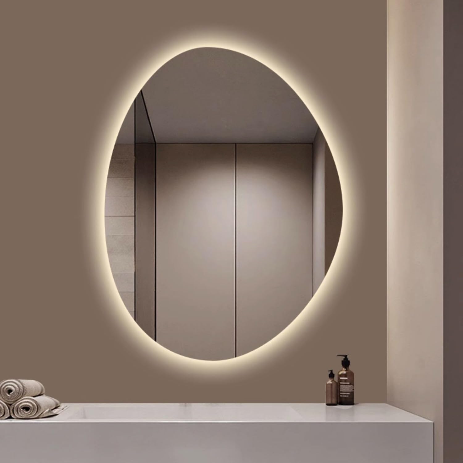 WJFTODAY 30"x48" Oval LED Vanity Mirror - Wall Mounted, Asymmetrical Design, Anti-Fog, Dimmable Backlit, Frameless Bathroom Mirror for Modern Decor