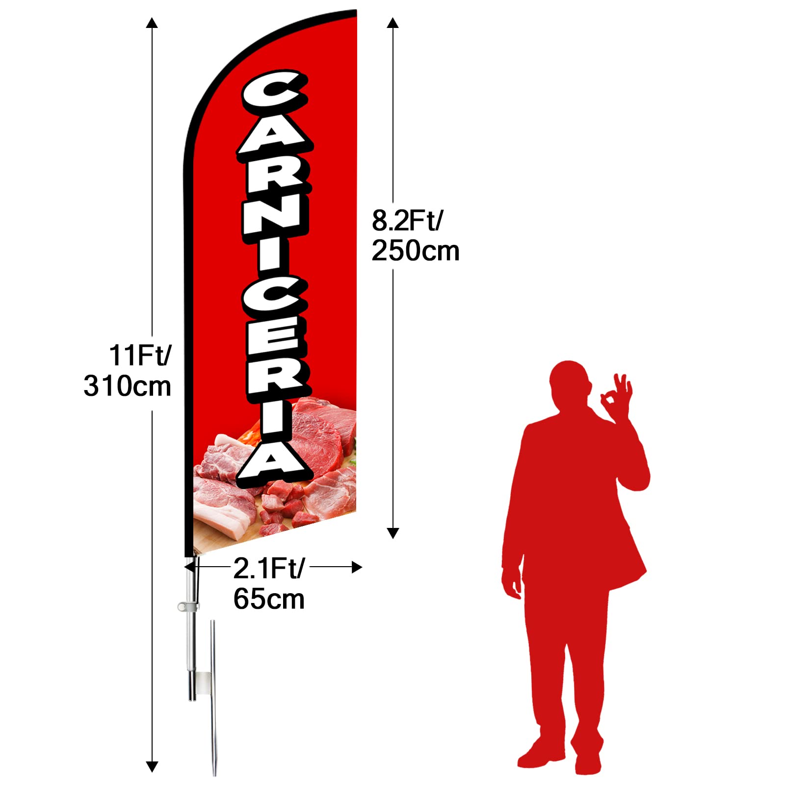 Bandera de Carniceria Swooper, bandera publicitaria de Carniceria de 11 pies con kit de poste, estaca de tierra, bandera de plumas para empresas y escaparates