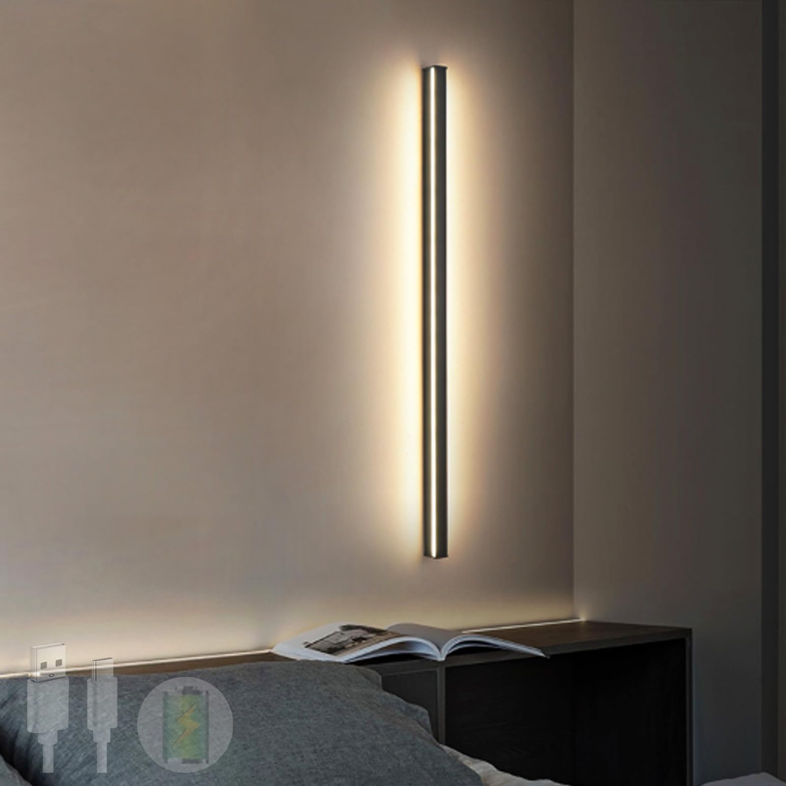 Lámpara de pared LED negra de 50cm con USB recargable y luz cálida lineal 8