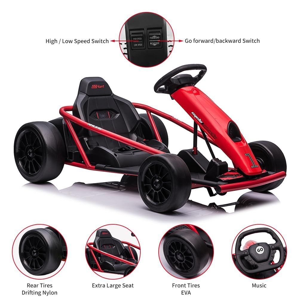 Go-Kart eléctrico Infantil 24V Doble Motor 300W con función Drift, Asiento Ajustable, música, claxon, Arranque Suave, hasta 13km/h y 70kg, para 6-12 años, Color Rojo