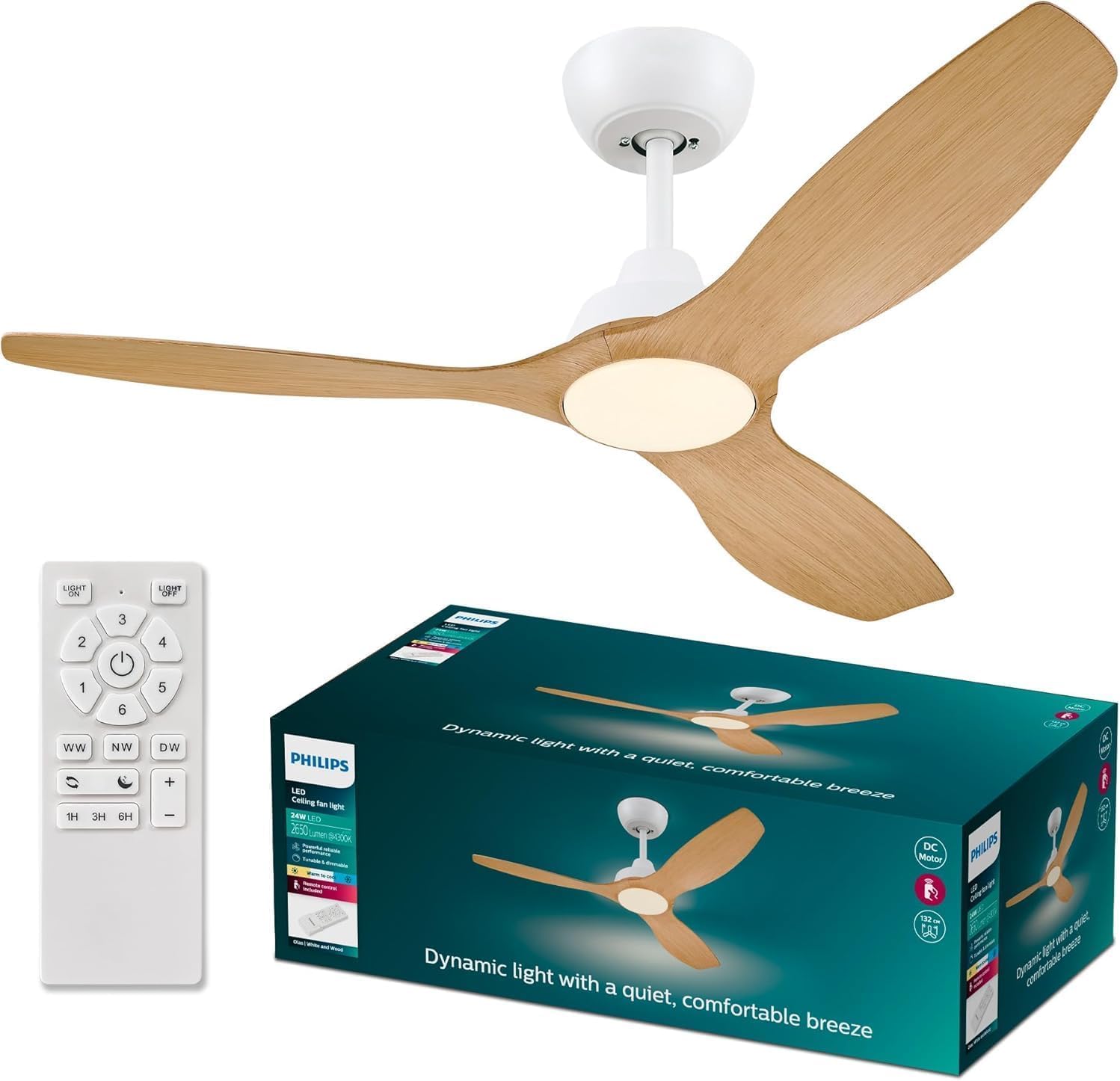 PHILIPS Olas Ventilateur de Plafond, 3 Pales, Lumière LED 24 W, Moteur DC, Température de Couleur (3000 K-4300 K-6500 K) avec Fonction Variateur, Télécommande Incluse, blanc, 52"