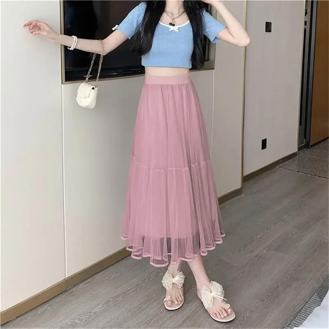Gonna da donna a pieghe a vita alta, in tulle, stile Harajuku, linea ad A