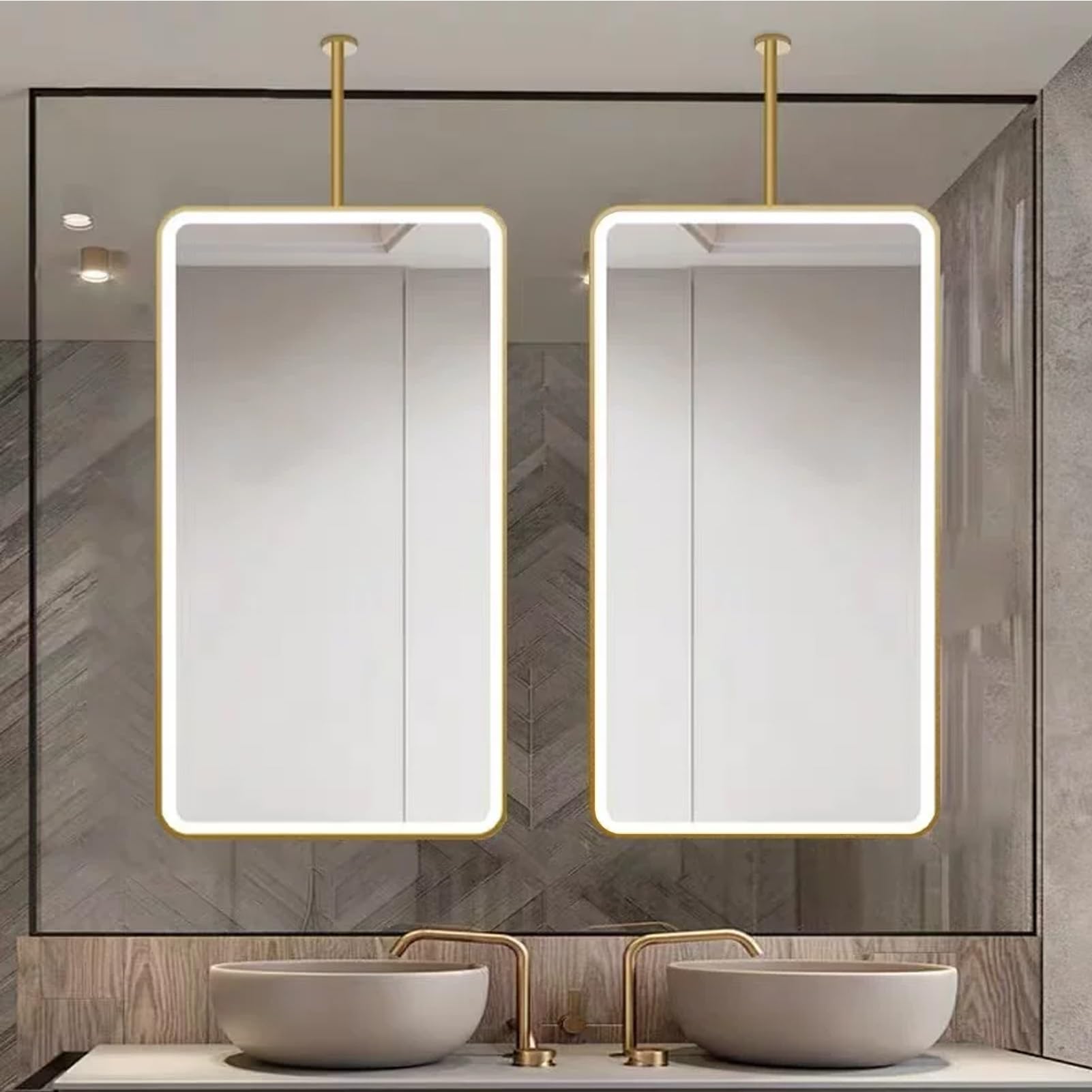 FGXHHS Gold with LED Lights｜Ceiling Hanging Rectangular Illuminated Dimmable Wall Mounted Mirrors｜Metal Frame Vanity Mirrors for Farmhouse，Restroom，Entryway(40cmx60cm)