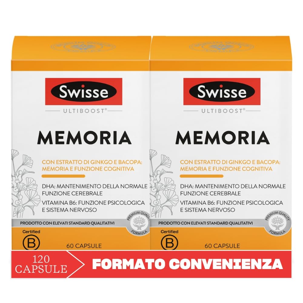 SWISSE Ultiboost- Integratori Memoria con Bacopa Monnieri e Ginkgo Biloba per Mantenimento Funzione Cognitiva, Integratore con DHA per Supporto Normale Funzione Cerebrale, Made in Italy, 120 Capsule