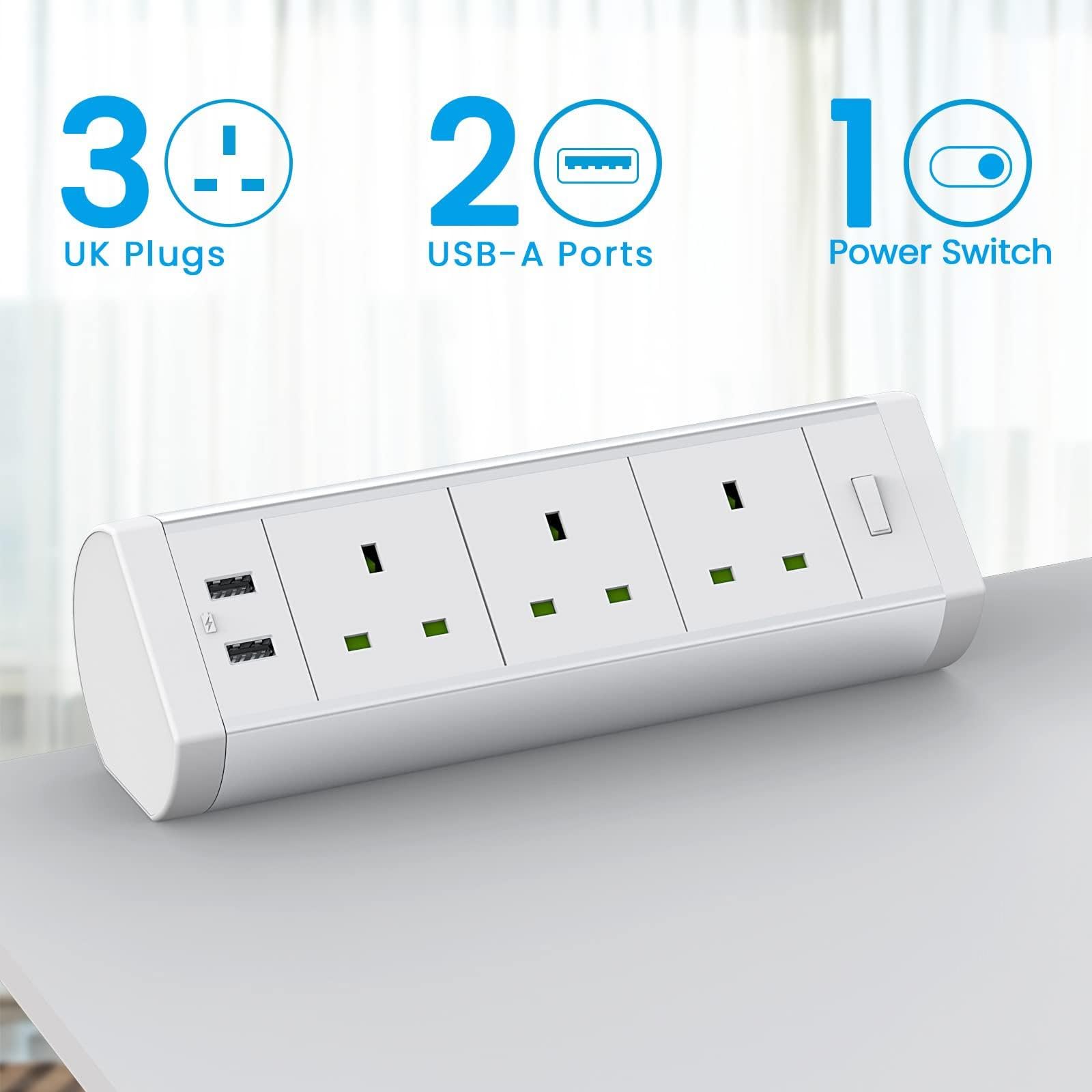 Presa di Alimentazione da scrivania, Presa Multipla in Alluminio con 2 Slot USB, prolunga da scrivania con Interruttore di Controllo, Supporto a Morsetto
