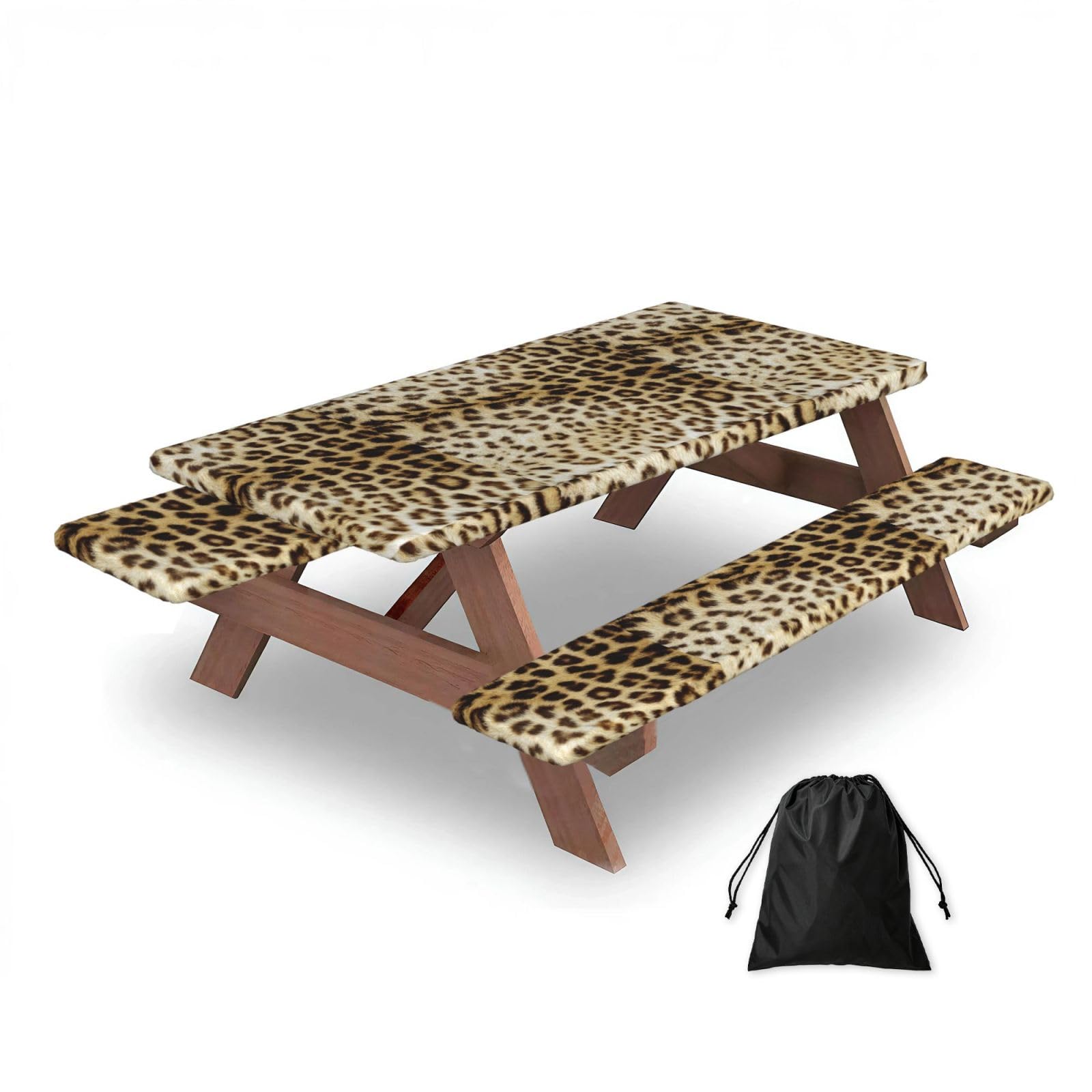 Leopard Skin Animals, Picnic Table Cover With Bench Covers -Waterproof Elastic Fitted Tablecloth for Garden Camping Patio 76x152cm