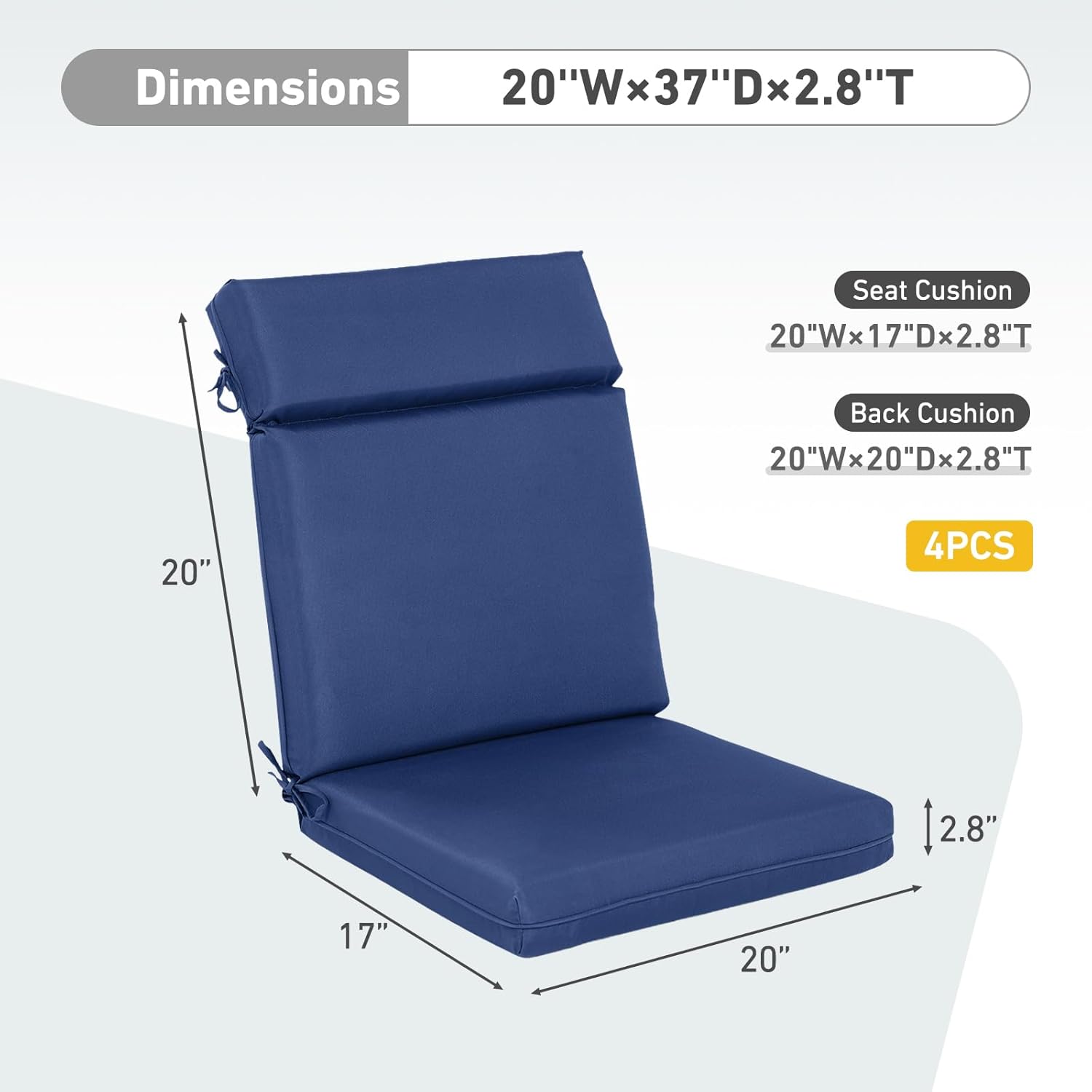 BPS 20 x 17 Inch Outdoor Chair Cushion Set of 4, Fade-Resistant and Water-Resistant Solution-Dyed Polyester Fabric Patio High Back Chair Cushions with Straps for Outdoor/Indoor Dining, Rocking Chairs