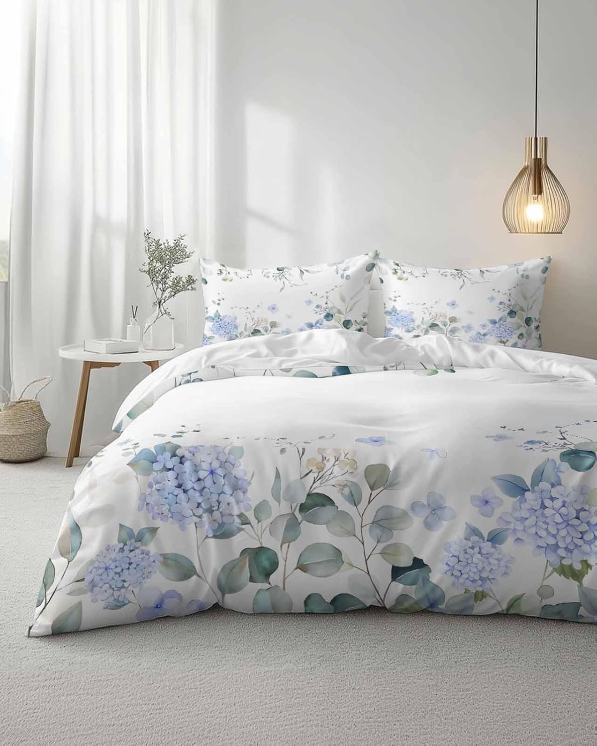 Duvet Cover Set Full, Watercolor Blue Hydrangea Flower 3 Piece Bedding Set Breathable Quilt Cover Set, Green Eucalyptus Leaves Soft Microfiber Bed Set with Pillow Shams