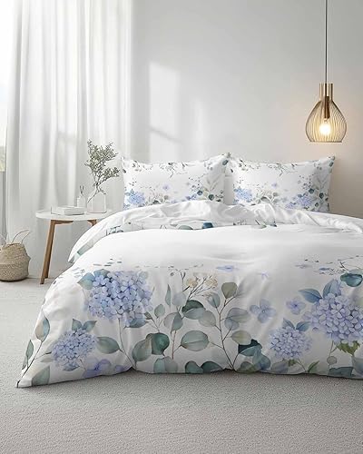 Duvet Cover Set Cal King, Watercolor Blue Hydrangea Flower 3 Piece Bedding Set B