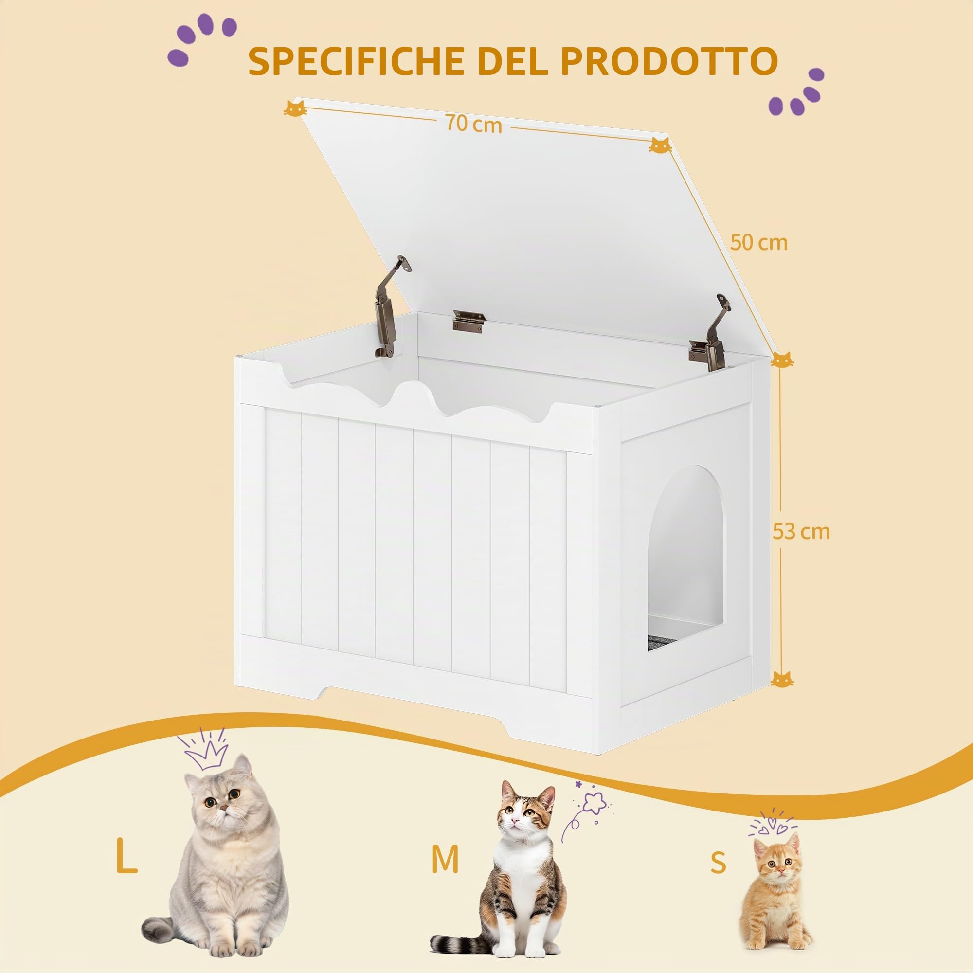 Hzuaneri Mobile Lettiera per Gatti, 70 cm Bianco Mobiletto per Lettiera | 70 x 50 x 53 cm Armadietto per Gatti, Con Apertura Superiore e Nascosta, Cuccia per Gatto da Interno, Contenitore, CB84803X
