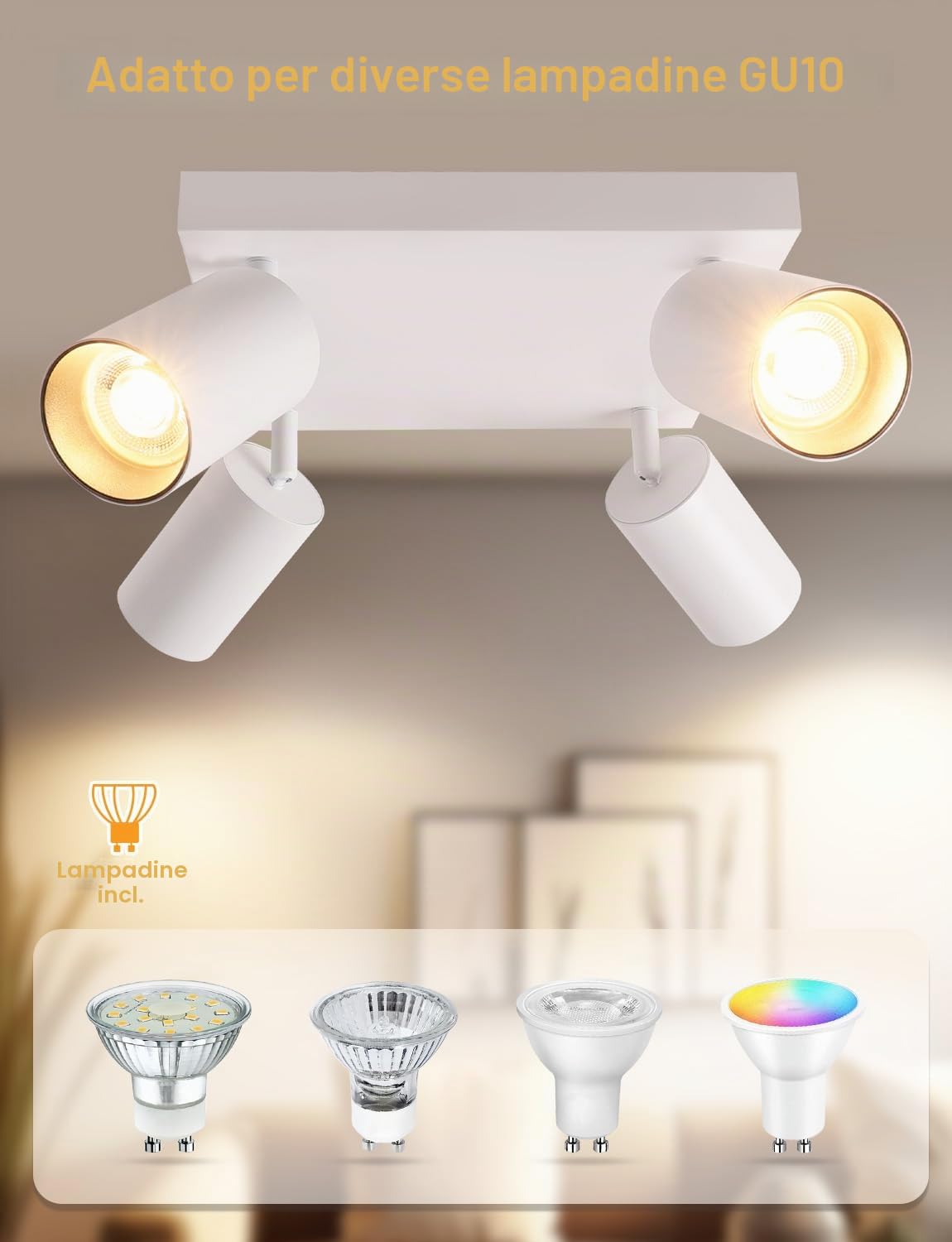 KYOTECH Faretti Da Soffitto LED 4 Luce Bianco, Orientabile 350°+90° Faretti LED Soffitto Alluminio GU10 5W 400LM, Moderna Faretti Soffitto Per Cucina Soggiorno Camera Da Letto (Lampadina Inclusa)