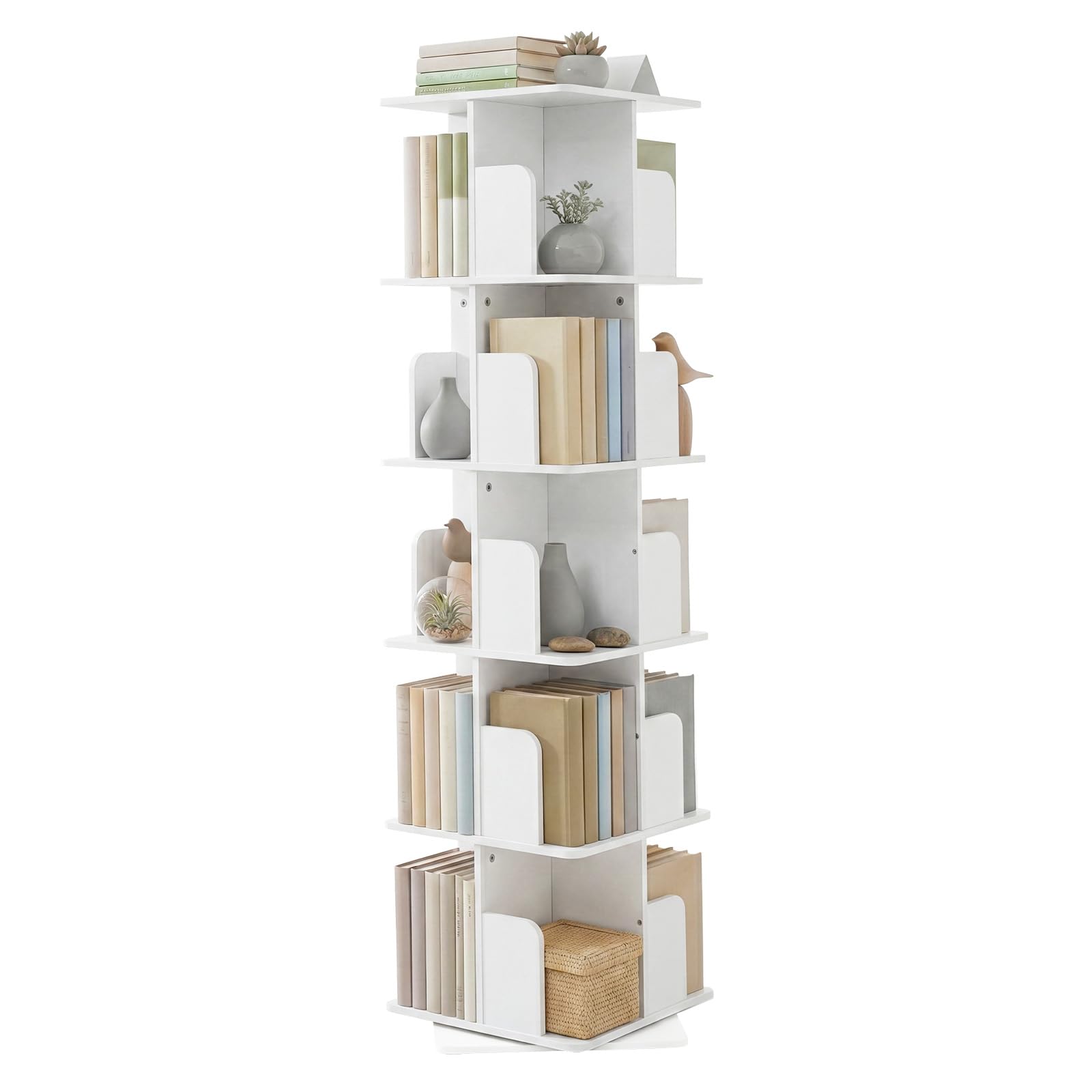 Drehbares Bücherregal 360° Frei, Bücherregal Drehbar Weiß, Bücherregal Kinder, für Wohnzimmer, Arbeitszimmer, Büro, als Raumteiler, 5 Ebenen