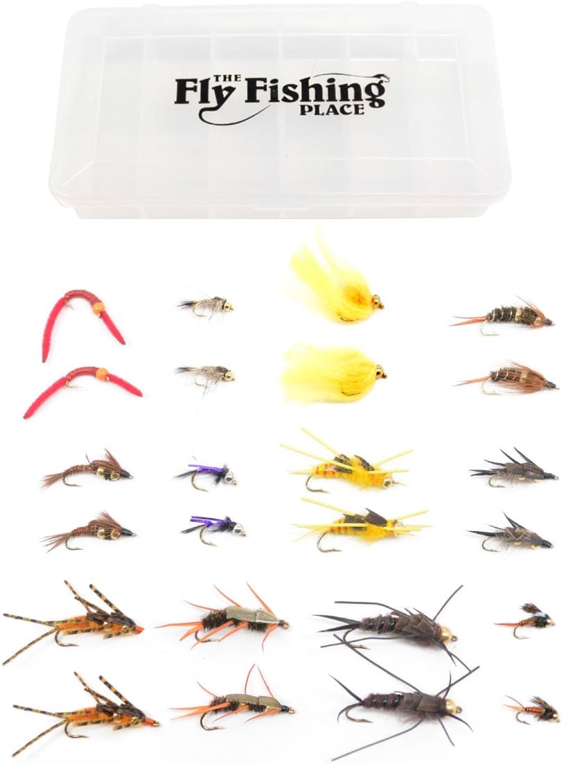 The Fly Fishing Place Trout Fly Assortment - Essential Bead Head & Double Bead Nymphs - 24 Trout Flies with Fly Box