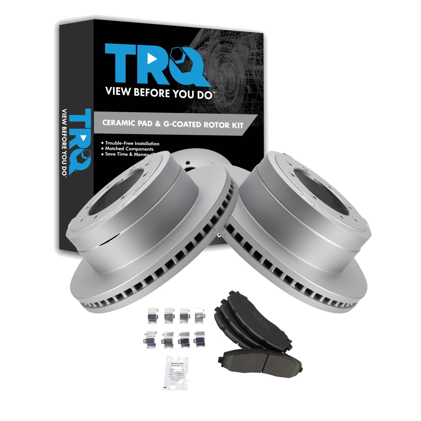TRQ Rear Brake Pad &amp; Rotor Kit Ceramic Premium G-Coated Compatible with 2013-2019 Ford F-350 Super Duty 2013-2016 F-450 Super Duty