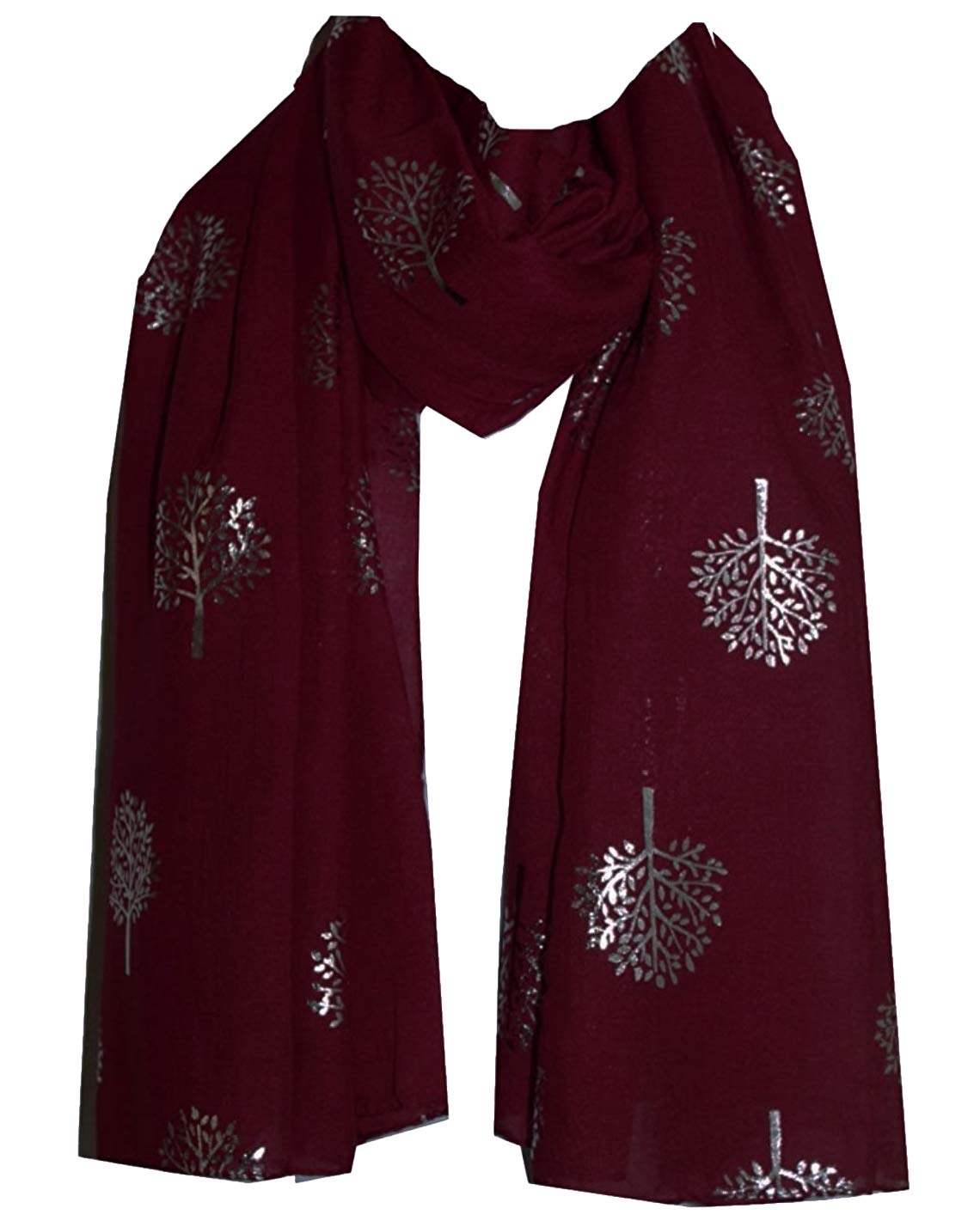 World of Shawls Silver Foil Mulberry Tree Print Fashion Scarf (Maroon)