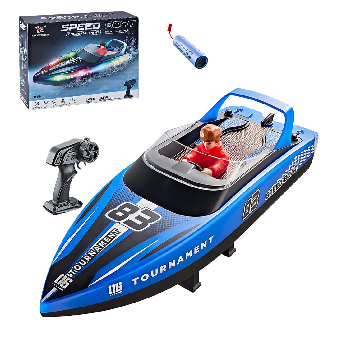NULA Barca radiocomandata per piscina, lago e laghetto, 15 km/h, con illuminazione ad anello a LED, doppio motore da 2,4 GHz, barca telecomandata per adulti, hobbisti (blu/1 batteria)