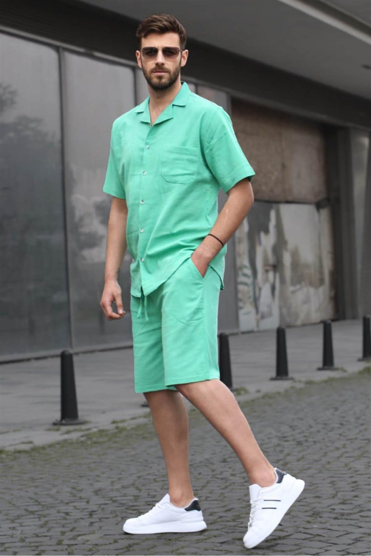 Madmext Erkek Yeşil Basic Oversize Gömlek Şort Takımı,%100 Pamuk, S Beden