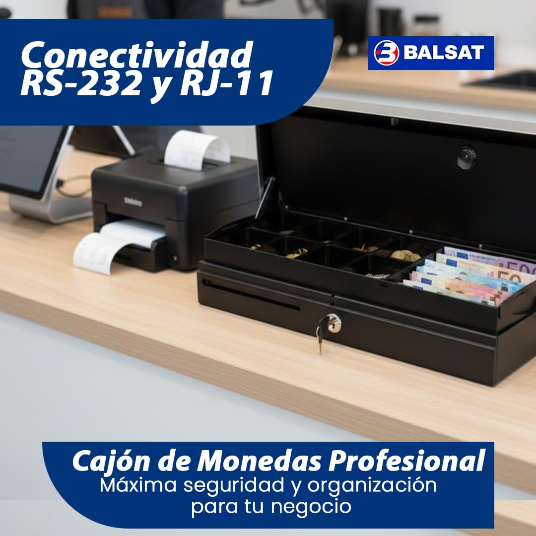 BALSAT | Cajón de Monedas Profesional | Cajón Eléctrico Con Apertura Vertical | 46x17x10 cm | Compartimentos Para Monedas y Billetes | Llave de Seguridad | Conexión RS-232 y RJ-11 | Diseño Compacto