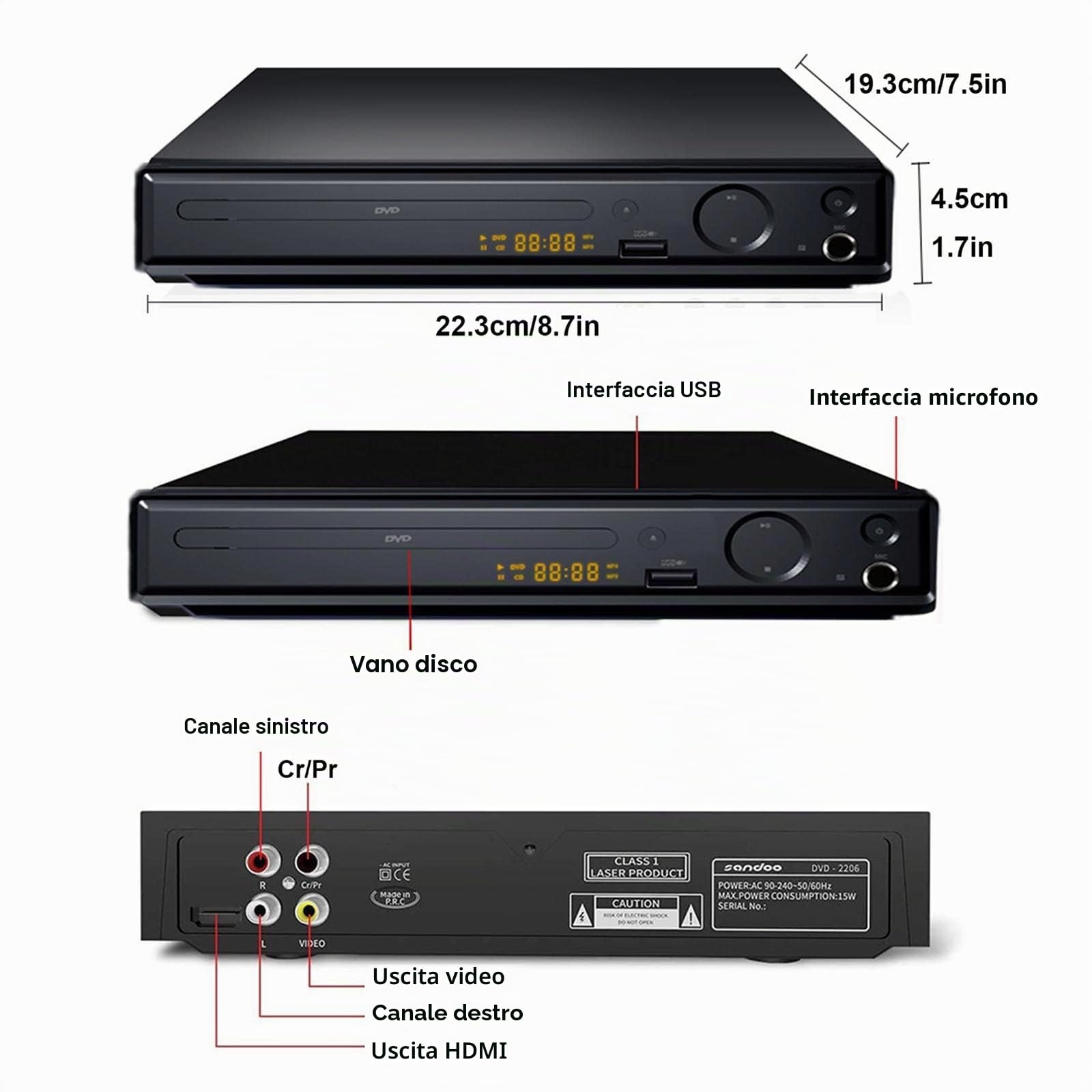 Lettore Dvd Blu-Ray Eye Protection 4K, Riproduzione VCD HD Domestica HDMI, con Presa USB/Memoria di spegnimento