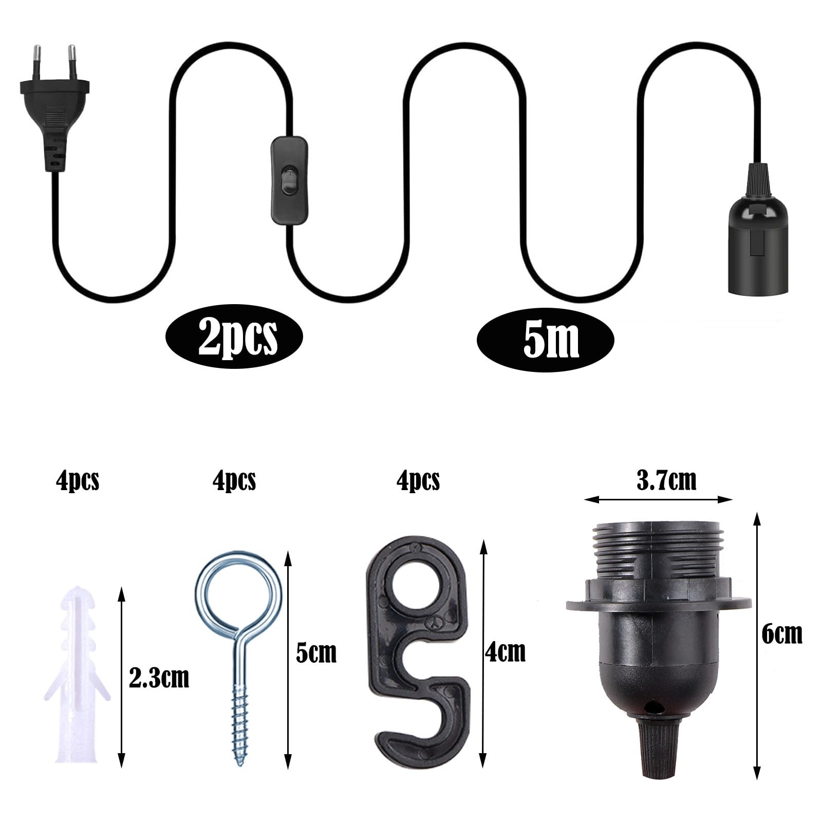 2 Piezas Portalámparas E27 con Cable Casquillo con Interruptor y Cable de 5m Portalámpara E27 con Arandela Roscada e Anillo de Rosca Porta Lampara para Candelabro Colgante