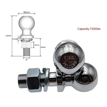 Chrome Tow Ball 50mm 1 Shank Dia. Trailer Hitch Towball Capacity 5000lbs RV Parts Car Camper Coupling Caravan Accessories - Trailer Hitches(7500LBS)
