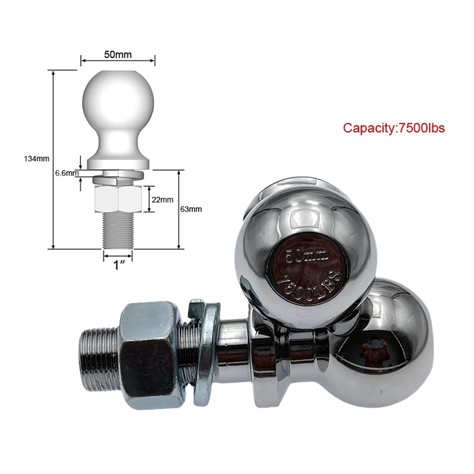 Anhängerkupplung, Chrom -Schleppball 50 mm 1 "Shank Dia. Anhängerkupplung Schleppkapazität 5000 Pfund RV Teile Car Camper Copping Caravan Accessoires(7500LBS)
