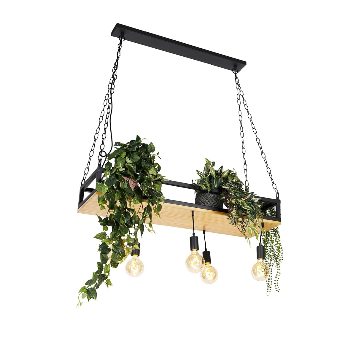 Qazqa Smart Esstisch led Rustikal, Industrial Pendelleuchte, Pendellampe - Shelf - Schwarz, Rechteckig, Holz, dimmbar, 5-flammig, 100cm, Ideal als Esszimmerlampe, Küche lampe, Schlafzimmerlampe