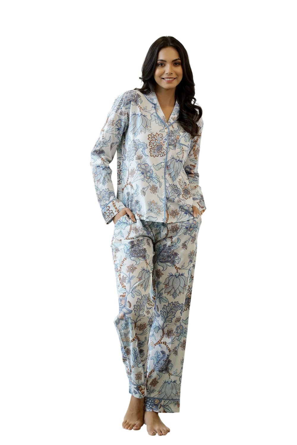 Women's Premium 100% Cotton Printed Night Suit Set | Elegant Full Sleeve Collar Top & Pyjama | Soft & Breathable Premium Loungewear for Women-image-7