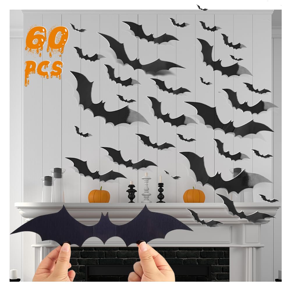 60PCS Halloween Bats Decoration 3D Bats Wall Decor 4 Different Sizes Realistic PVC Bats Stickers for Halloween Party Supplies DIY Home Window Bathroom Indoor Décor