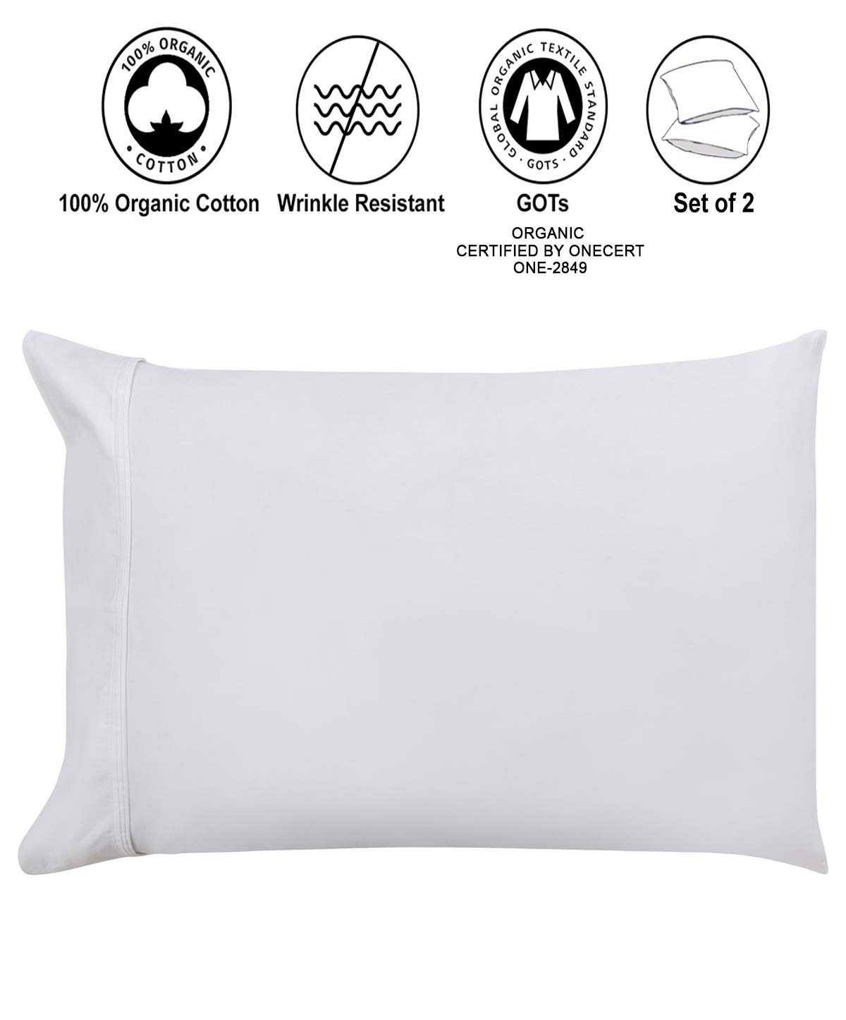 A1 Home Collections 100% Pillowcase, Single Ply, Long Staple Organic Cotton, 300 Thread Count, GOTS Certified, Soft & Silky Sateen Weave, Pack of 2, White 2