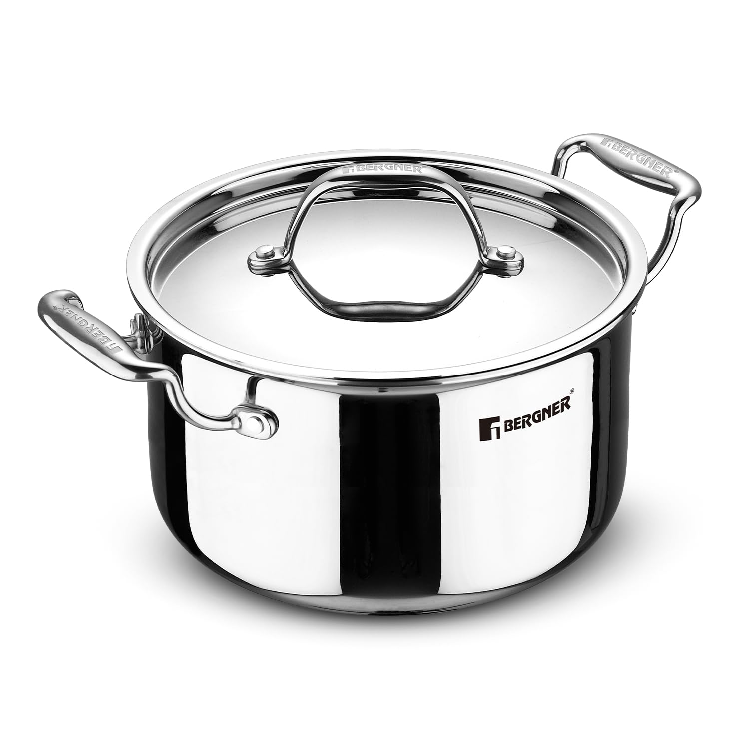 Bergner Argent TriPly Stainless Steel 22cm Casserole with Stainless Steel Lid, 4.1 Liters Casserole, Stay Cool Cast Handle, Less Oil Use, Healthy Cooking, Food Safe, Durable - Induction and Gas Ready